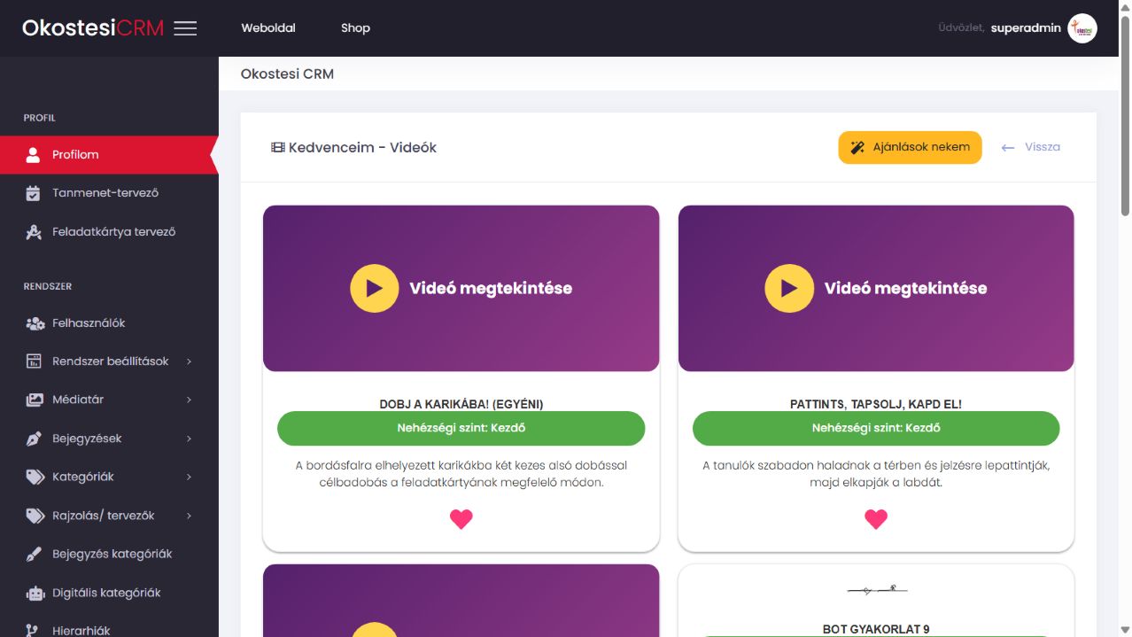 A Kedvenceim – Videók felület: itt találod a megjelölt feladatokat; a lila gombbal nyithatod meg a videót.