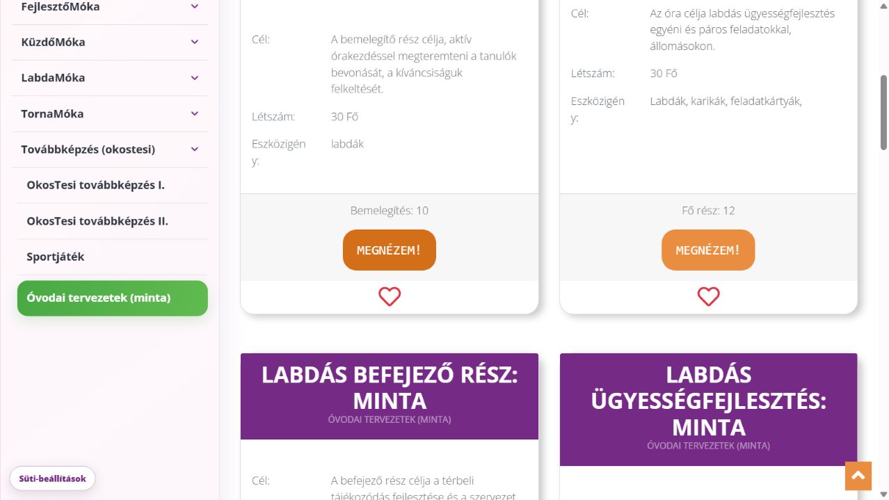 Az Óvodai tervezetek (minta) listában a Megnézem gomb nyitja meg a kiválasztott tervet.