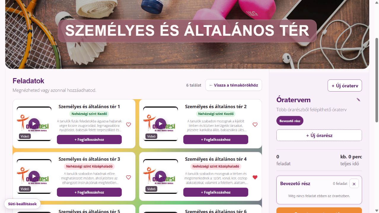 Feladatkártyák: név, leírás, nehézségi szint és videógomb.