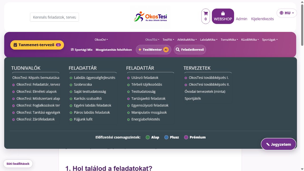 Az OkosTEsi menü Tervezetek oszlopában az Óvodai tervezetek (minta) menüpont narancssárgával kiemelve.