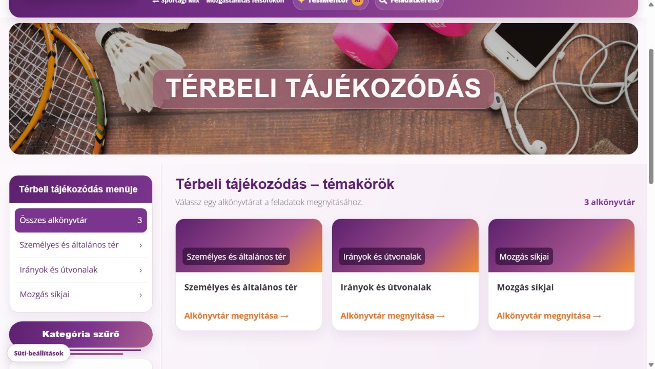 Az OkosTEsi Térbeli tájékozódás kategóriájának három témaköre.